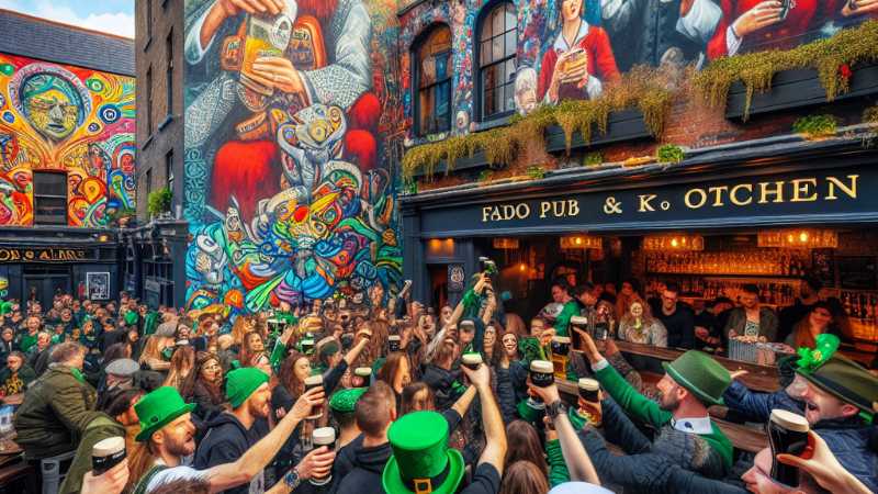 Ireland's St. Patrick's Day Celebrations: Dublin's Fado Pub & Kitchen and the Urban Art Gallery, Concept art for illustrative purpose - Monok
